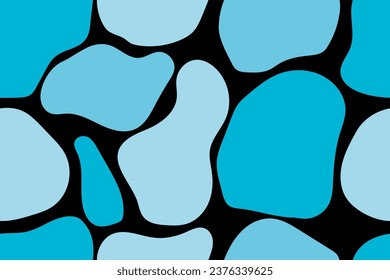 Water drops abstract shapes. Blue color shades on black background. Seamless vector pattern for design and decoration.