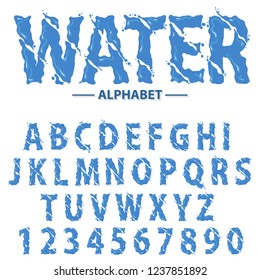 Water Drops Alphabet, Modern Futuristic Splash Headline Letters And Numbers, Abstract Liquid Font Typography. Blue Abc Realistic Typescript Character Design. Vector