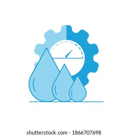 Water drops arranged in order of size on gear wheel with gauge display background. Water efficiency. Vector illustration outline flat design style.