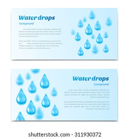 Water drops background. Banners, labels set mineral water, spring water, pure organic water. Vector illustration