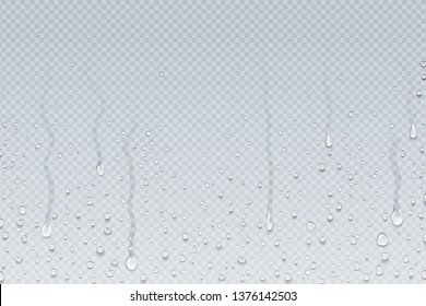 Water drops background. Shower steam condensation drips on transparent glass, rain drops on window. Vector realistic shower water drops