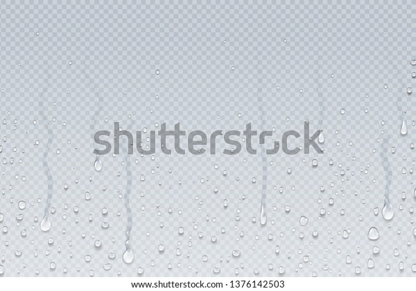 Water drops background. Shower steam condensation\
drips on transparent glass, rain drops on window. Vector realistic\
shower water drops