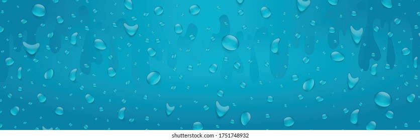 El agua cae sobre el fondo de la bandera. Lluvia sobre la colorida superficie de vidrio. El concepto de bebida de color azul. 3d ilustración vectorial realista.