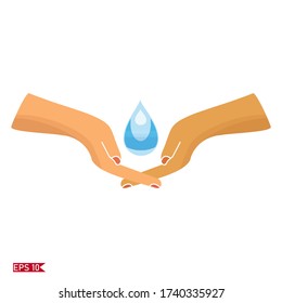 Wasser fällt zwischen zwei Palmen. Abbildung mit einem flachen Stil.