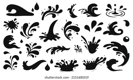 Water drops, black sea ocean waves stencil. Liquid elements, cry droplet icons vector set. Ink, sauce, river isolated splashes