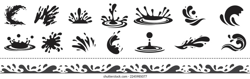 Wassertropfen, schwarzes Meer Wellen Schablone. Liquide Elemente, weinen Tropfen Symbole Vektorset. Tintenfisch, Sauce, Fluss einzeln Splint