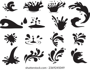 Gotas de agua, esténcil de olas de mar negro. Elementos líquidos, juego vectorial de iconos de la gota de grito. Tinta, salsa, riachuelo aislado salpicado de color negro.