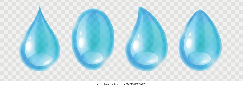 Gotas de agua. Gota de agua azul de diferentes formas, gotas de lluvia o lágrimas, primer plano líquido transparente aislado elementos de gotita realistas. Objetos de bebida y bebidas frías, pureza transparente. Conjunto de vectores