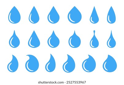 Water drops. Blue blob icons. Flat falling pure drop silhouettes. Clean isolated droplets, liquid juice and drink blobs, raindrop, nature drips shapes for logo vector set.