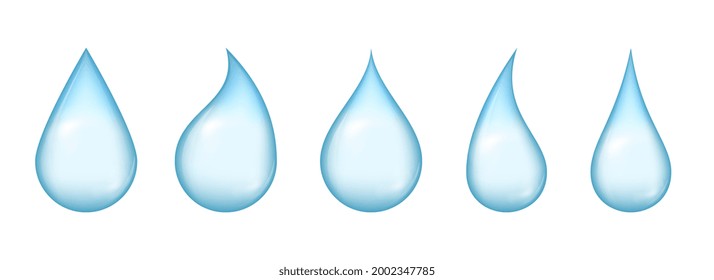 Water drops. Blue moisture drop icons. Realistic pure drip, falling aqua elements. Clear droplet, dripping raindrop vector set