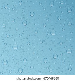 Water drops blue realistic background. Vector design.