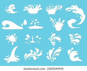 Water drops, blue sea ocean waves stencil, Liquid elements, cry droplet icons, Ink, sauce, river isolated splashes in white color on blue background.