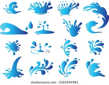 Water drops, blue sea ocean waves stencil, Liquid elements, cry droplet icons, Ink, sauce, river isolated splashes in blue color on white background.