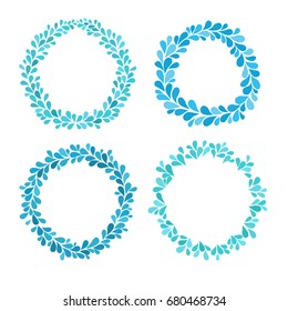 Water drops blue wreath vector collection. Turquoise splash frame with empty space for your text. Abc latin alphabet. Isolated card set on white background
