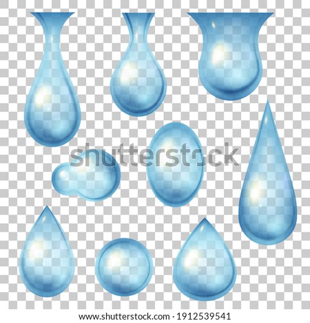 Water drops and bubbles. 3d realistic fresh blue droplet icons. Tear, dew or raindrop. Nature clean liquid shapes. Freshness logo vector set. Aqua rain droplet isolated on transparent