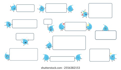 Water drops characters banners. Funny drop with blank posters, cards with place for text. Cute cartoon liquid character with sign board, nowaday vector set