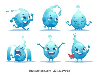 Wasser fällt Zeichen. Funny Emoticons von flüssigen Tropfen in Aktion stellt exakte Vektorvorlagen dar