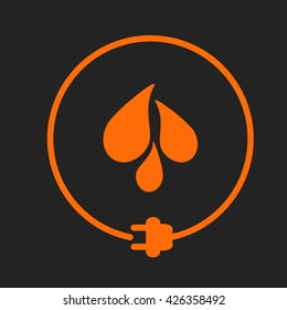 Water drops in a circle with plug as symbol of eco-friendly energy source. Orange sign on black background
