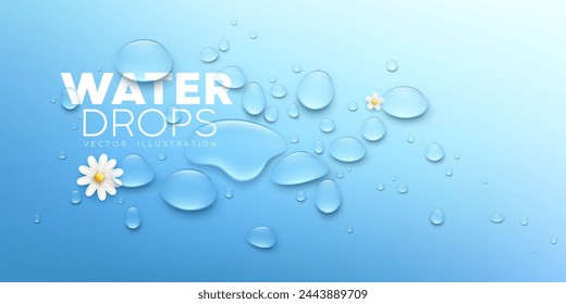 Diseño realista de la bandera de las gotas de agua claras y blancas de la flor sobre fondo azul, ilustración vectorial Eps 10
