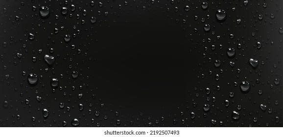 Water drops condensation, raindrops round frame on black background. Rain dribbles with light reflection on dark surface, abstract wet texture, scattered blobs border, Realistic 3d vector