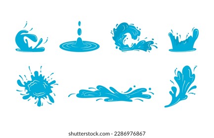 Water drops. Current drops, waves, tears and spray. Splashes or spill water elements, isolated vector illustration.