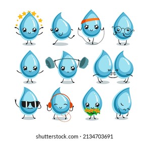 Water drops cute characters set. Vector illustrations of funny blue aqua mascots. Cartoon sad and happy faces of cold clear raindrops or splash of liquid isolated on white. Rain, kawaii concept