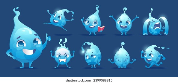 El agua cae. Personajes emocionales agudos mascotas de agua ilustraciones exactas de vectores de dibujos animados conjunto