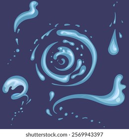 Water and its drops in different forms. with highlights and shades of blue. Vector illustration