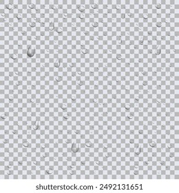 Gouttes d'eau de formes différentes sur fond transparent. illustration vectorielle 