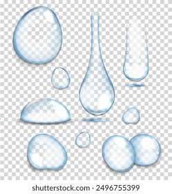 Gotas de agua de diferentes Formas sobre un fondo transparente. Ilustración vectorial