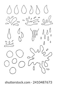 Gotas de agua de diferentes formas, juego de salpicaduras. Gotas líquidas aisladas en fondo blanco. Ilustración vectorial.