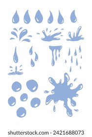 Water drops of different shapes, splashes set. Liquid droplets isolated on white background. Vector illustration.