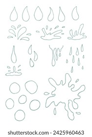 Gotas de agua de diferentes formas, juegos de salpicaduras. Gotitas líquidas aisladas sobre fondo blanco. Ilustración vectorial.