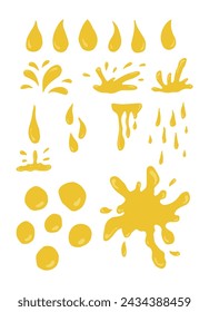 Gotas de agua de diferentes formas, juegos de salpicaduras. Gotitas líquidas aisladas sobre fondo blanco. Ilustración vectorial.