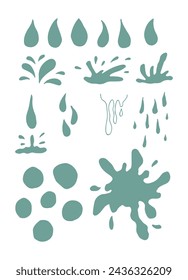 Water drops of different shapes, splashes set. Liquid droplets isolated on white background. Vector illustration.