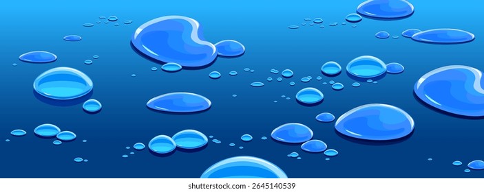 Water drops of different sizes and shapes on a blue horizontal surface Vector