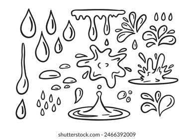 Water drops doodle icon sign. Decorative set Droplet splash symbol. Hand drawn ink sketch. Vector illustration