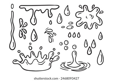 Water drops doodle icon sign. Decorative set Droplet splash symbol. Hand drawn ink sketch. Vector illustration