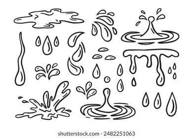 Wassertropfen Doodle-Symbol-Zeichen. Dekoratives Set Droplet Splash-Symbol. Handgezeichnete Freihandskizze. Vektorillustration