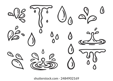 Gotas de agua doodle icono signo. Conjunto decorativo símbolo de salpicadura Droplet. Dibujado a mano boceto de tinta. Ilustración vectorial