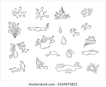 Water drops doodle icon sign. Decorative set Droplet splash symbol. Hand drawn ink sketch. Liquid element. cry droplet icons. sauce Vector illustration