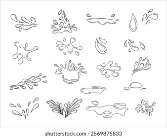 Water drops doodle icon sign. Decorative set Droplet splash symbol. Hand drawn ink sketch. Liquid element. cry droplet icons. sauce Vector illustration