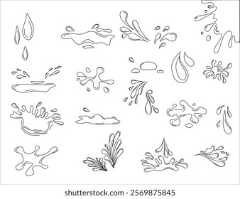 Water drops doodle icon sign. Decorative set Droplet splash symbol. Hand drawn ink sketch. Liquid element. cry droplet icons. sauce Vector illustration