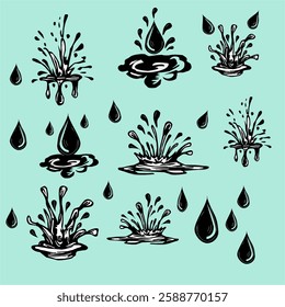 Water drops doodle icon sign. Decorative set Droplet splash symbol. Hand drawn ink sketch. Liquid element. cry droplet icons. sauce Vector illustration