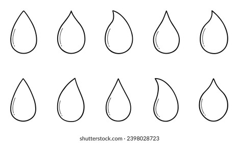 Water drops doodle set.  Raindrops in sketch style. Hand drawn vector illustration isolated on white background