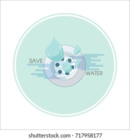 Water drops, water draining in sink strainer. Lifestyle habit to save water concept. Vector illustration.