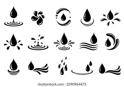 Water drops, droplets silhouettes, splash wave elements, moisture splatter