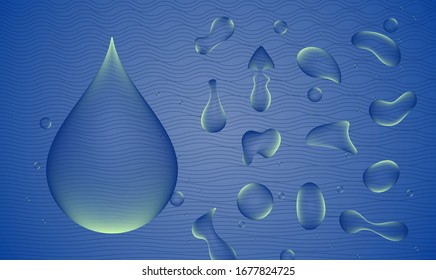Water drops, droplets template. Various shape of water drops in blue and green light on pattern line aqua ocean background. vector illustration.
