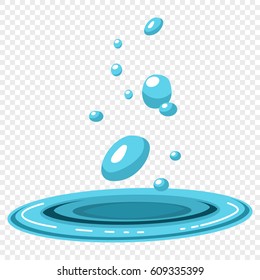 Water drops falling in a blue puddle. Vector illustration on a transparent background.