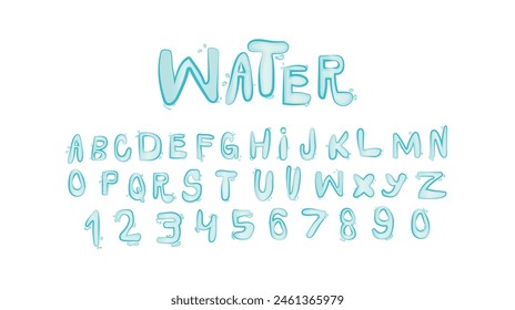 Fuente de gotas de agua, tipografía con letras líquidas, alfabeto azul divertido, letras cómicas de Vector y números. Ilustración vectorial con fondo transparente